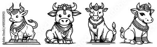 Hand drawn sacred cow and bull characters set Vector sketch of decorated holy hindu animals