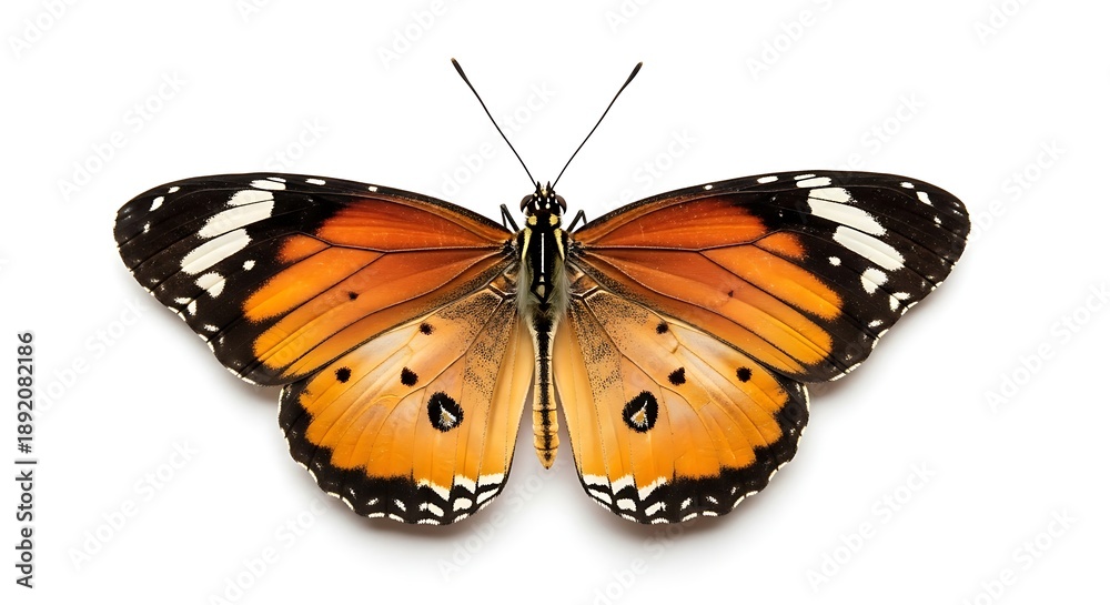 Fototapeta premium A vibrant orange butterfly with black and white markings spreads its wings against a clean white background.