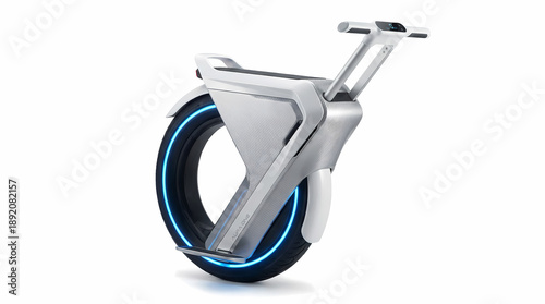 Futuristic electric unicycle with glowing blue rim and sleek design