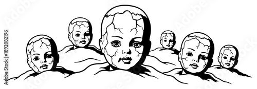 Creepy cracked doll heads emerging from ground sketch Vector surreal horror illustration