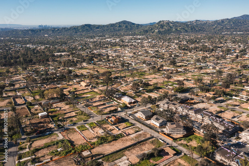 Drone view of empty lots of homes left behind from the Eaton fire, Pacific Palisades. January 2025, a series of 14 destructive wildfires affected the Los Angeles County in California, United States.