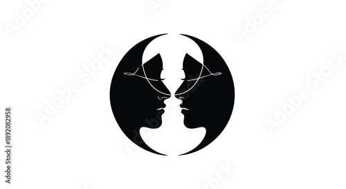 Abstract circular design with mirrored profiles and geometric overlay, symbolizing connection or duality.