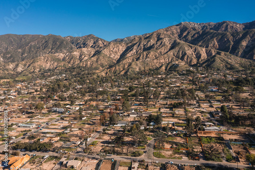 Drone view of empty lots of homes left behind from the Eaton fire, Pacific Palisades. January 2025, a series of 14 destructive wildfires affected the Los Angeles County in California, United States.