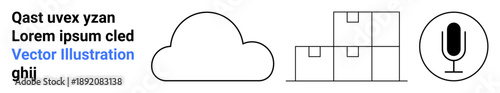 Cloud computing, logistics, voice technology, data storage, inventory management, digital services. Cloud icon, stacked boxes and microphone symbol. Cloud computing and logistics
