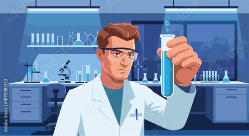 Scientist in a lab coat holding a test tube with blue liquid and wearing safety goggles