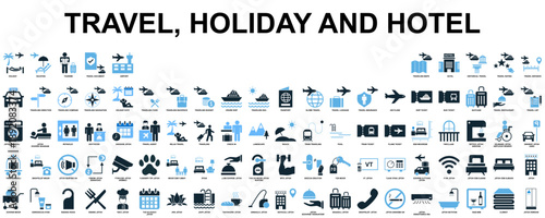 Set of travel holiday and hotel icon vector for vacation themes. Symbolizes exploring the world and staying in comfort. Ideal for travel agencies and blogs.