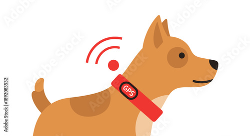 Cartoon dog wearing red collar with tracking device, poised on white background, looking ahead, illustrated in bright color