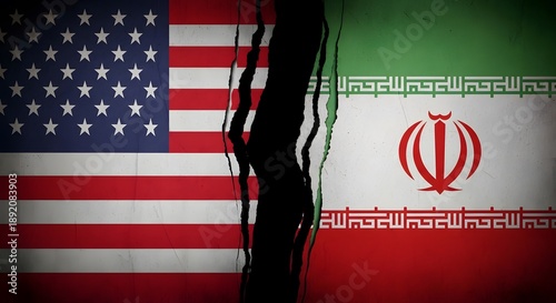 Naklejka Flags of america and iran with torn fabric divider