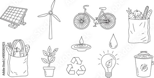 Eco friendly solar panel wind turbine bicycle reusable bag plant light bulb recycling symbol