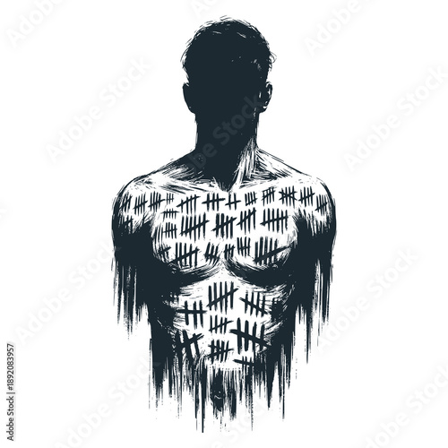 A black and white of a human chest marked with tally lines