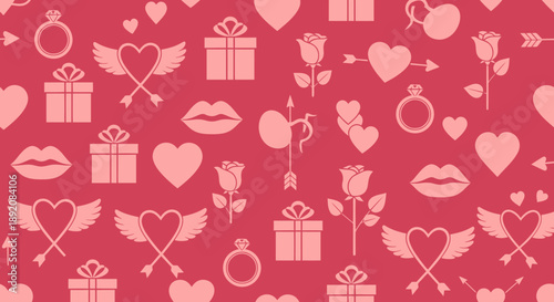 Seamless romantic Valentine's Day pattern featuring hearts, Cupid's wings, gift boxes, rings, roses, and lips on a warm red and pink background.