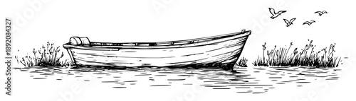 rowboat on lake with reeds and birds sketch