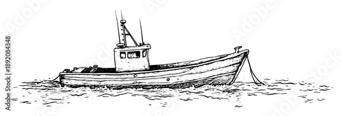fishing trawler boat in sea hand drawn illustration