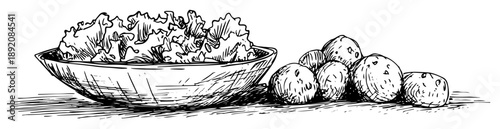 fresh salad bowl and potatoes hand drawn sketch