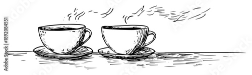 two steaming coffee cups ink line drawing