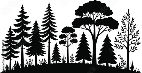 Forest tree silhouette landscape, black white woodland nature illustration, pine oak trees vector design, natural scenery graphic