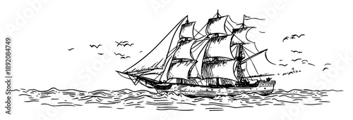 vintage sailing ship on sea hand drawn