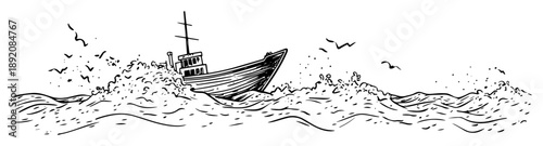 fishing boat in rough sea ink drawing