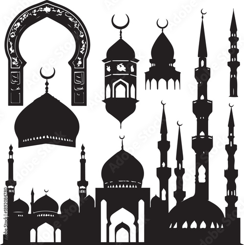 Islamic Ramadan pattern and mosque silhouette set for religious festival design with mosques stars and crescent moons isolated on white background 