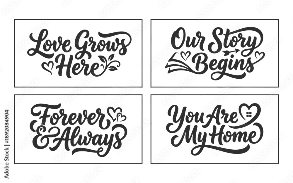 Fototapeta premium Illustration of four love themed quotes with heart designs on white background