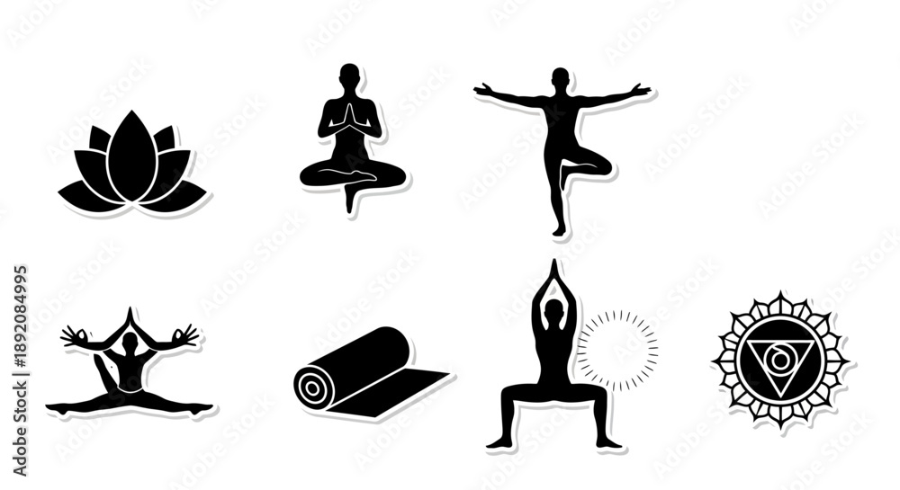 Obraz premium Yoga and meditation symbols lotus poses and om icon set