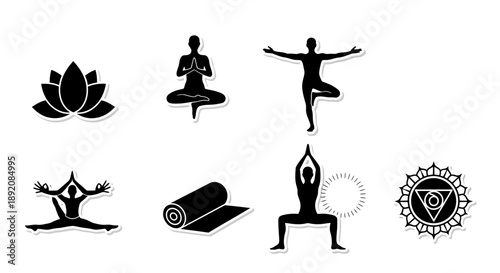 Yoga and meditation symbols lotus poses and om icon set