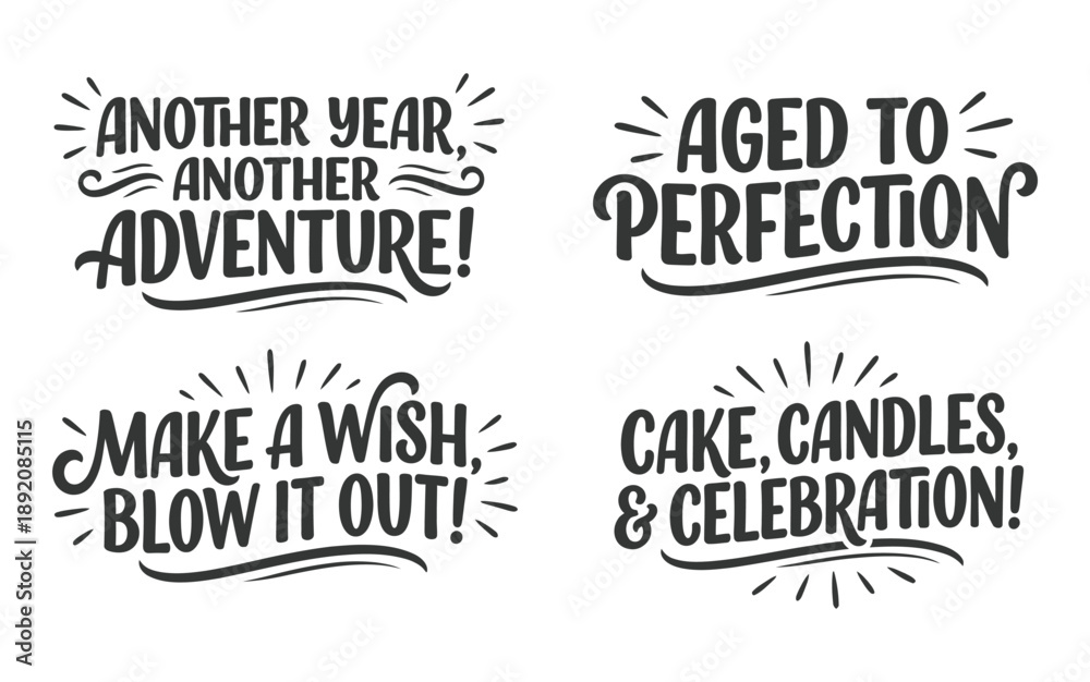 Fototapeta premium Birthday wishes and celebration phrases on white background with candles