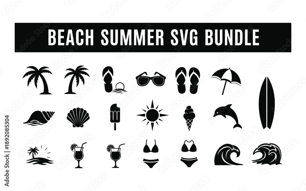 Obraz premium Summer beach icons depict palm trees, sunglasses, and flip flops.