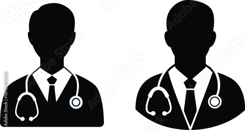 Doctor Silhouette Icon with Stethoscope – Medical Healthcare Profile Illustration. Black and White Silhouette of a Doctor with Stethoscope.