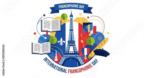 Francophone day celebration with eiffel tower and cultural symbols