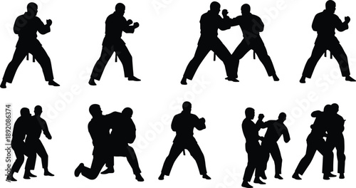Martial arts fighters silhouette collection with combat training and sparring poses isolated on white background, karate fighting illustration