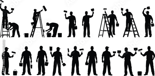 Painter worker silhouette collection with rollers ladders and paint buckets isolated on white background, home renovation illustration set