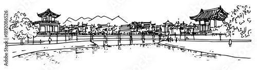 traditional asian pagoda lake landscape drawing
