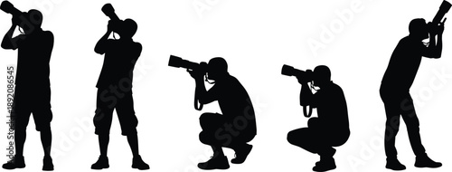 Photographer silhouette collection with camera shooting poses isolated on white background, professional photography action illustration set