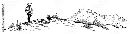 hiker standing on rocky hill with mountain view