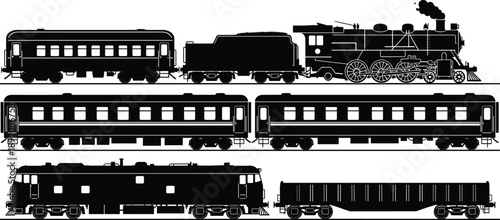 Train silhouette collection with steam locomotive passenger and freight cars isolated on white background, vintage railway transportation illustration