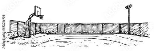 outdoor basketball court with fence and hoop