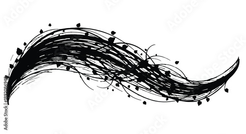 Abstract black ink brush stroke with organic elements on white background
