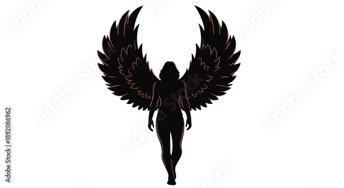 Mysterious dark silhouette of a winged figure with open wings against a white background.