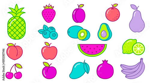 Neon pop art vector set of colorful outlined fruits including pineapple, kiwi and watermelon on white, concept for modern packaging, food promotion and children's apps