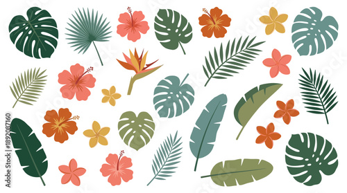 Flat lay vector illustration of vibrant tropical leaves and hibiscus flowers scattered on a white background, concept for fashion, summer background and beach party invitations