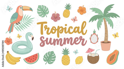 Colorful tropical summer vector design set featuring toucan, fruits, leaves and hand-drawn 'Tropical Summer' text, concept for holiday invitations, travel marketing and children's party decoration