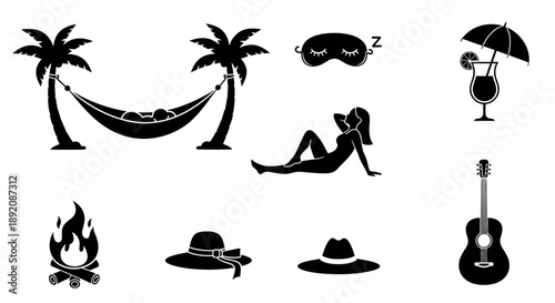 Black silhouette icons representing a relaxing tropical vacation scene