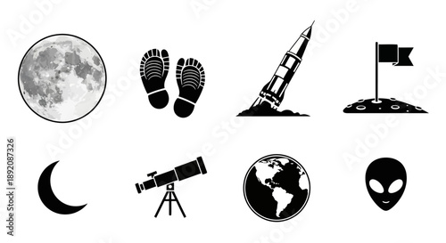 Space exploration icons moon footprints rocket and extraterrestrial life