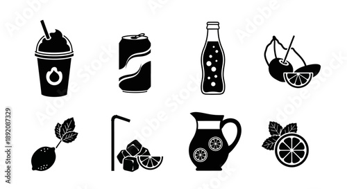 Black and white icons depicting various beverages and citrus fruits