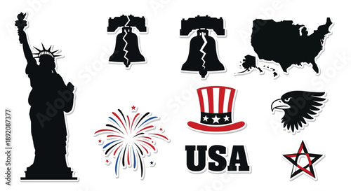 American symbols including the statue of liberty bells and an eagle
