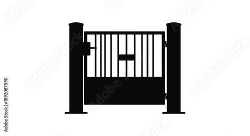 A simple black and white illustration depicts a closed metal gate with vertical bars and posts high quality professional detailed