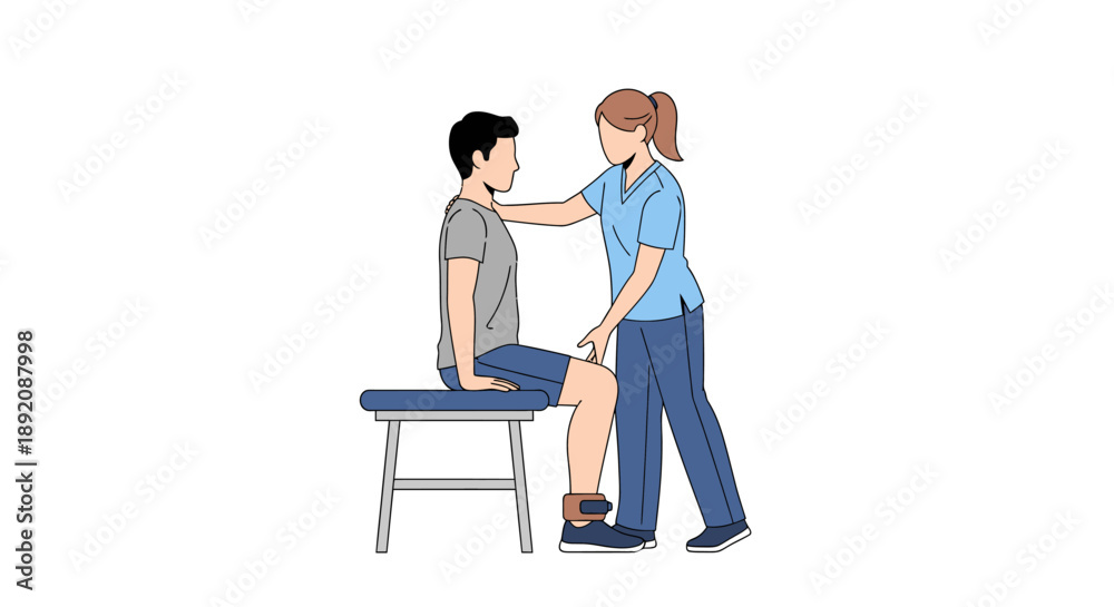 Fototapeta premium Physiotherapist helping male patient perform seated leg exercise