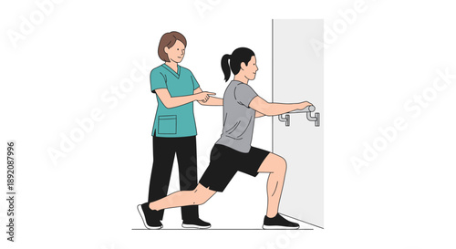 Physiotherapist assisting female patient doing rehabilitation lunge