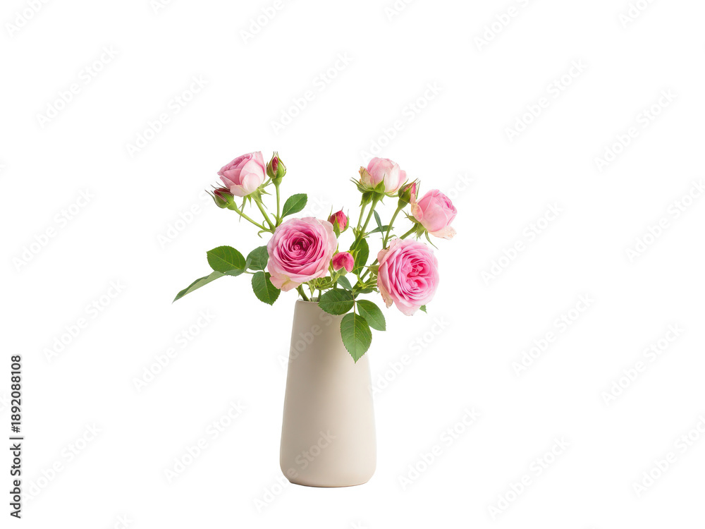 Fototapeta premium Beautiful bouquet of pink roses in a white vase isolated on transparent background